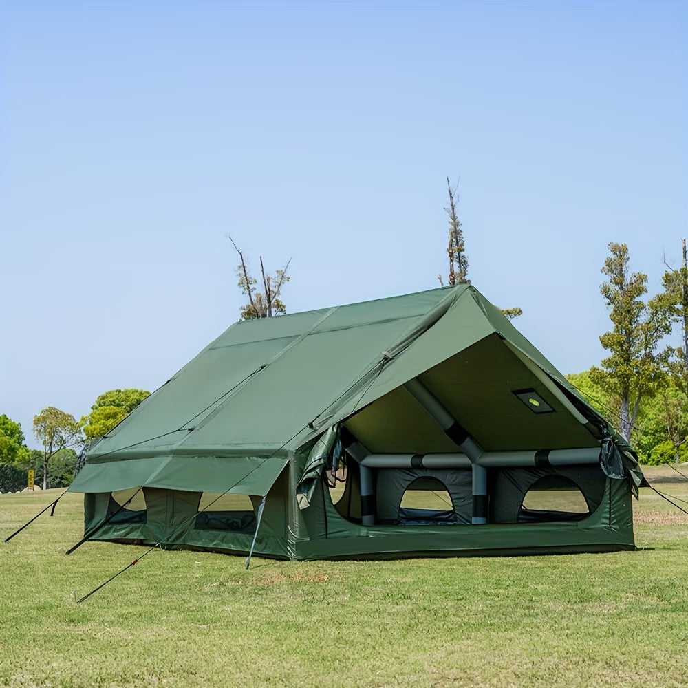 12Sq Inflatable Camping Tent with Hand Pump Easy Setup Outdoor Blow Up Tent 6-8 Person Oxford 4 Season Glamping Air Tents Cabin House with Mesh Windows & Door