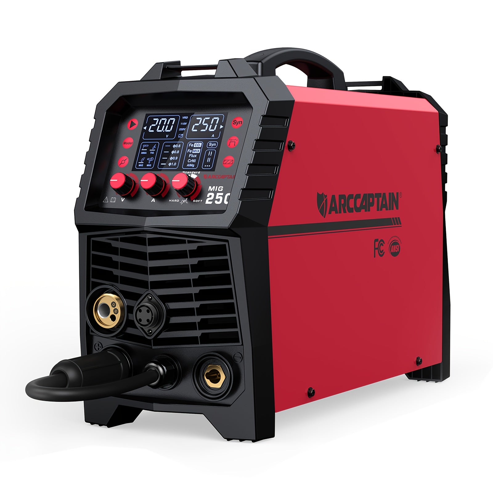 ARCCAPTAIN 250A MIG Welder, 110V/220V Gas Mig/Gasless Flux Core Mig/Stick/Lift Tig/Spool Gun/Spot 6-In-1 Aluminum Welding Machine, Professional Welder, Large LED Display, Comes with Lift TIG Gun/Spool Gun (Sold Separately), Without Battery