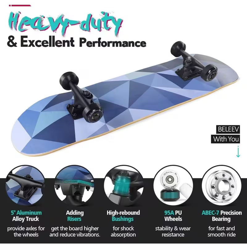 Skateboards for Beginners, 31 x 8 inch Complete Skateboard for Kids Teens Adults, 7 Layer Canadian Maple Double Kick Deck Concave Cruiser Trick Skateboard with Multifunction Skate T-Tool, Skateboard Accessories, Skate Tool And Bearings