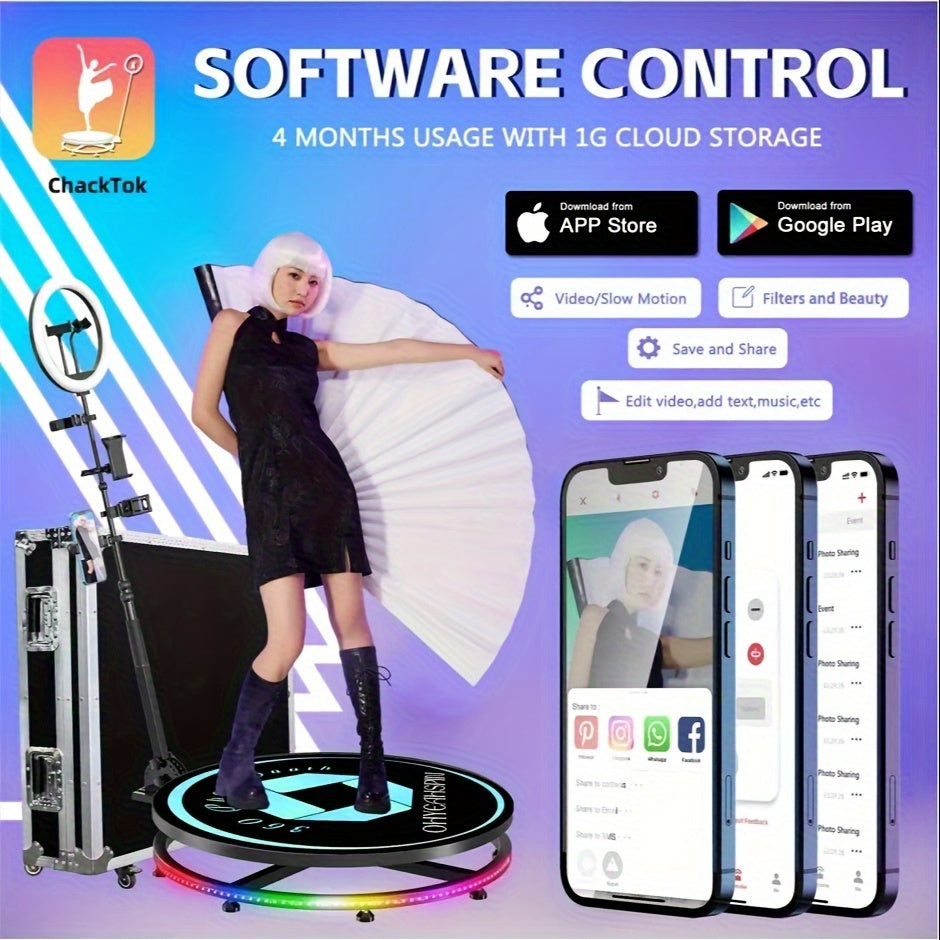 360 Photo Booth Machine for Parties Weddings Logo Customization Software APP Remote Automatic 360 Spin Camera Booth Flight Case Packaging