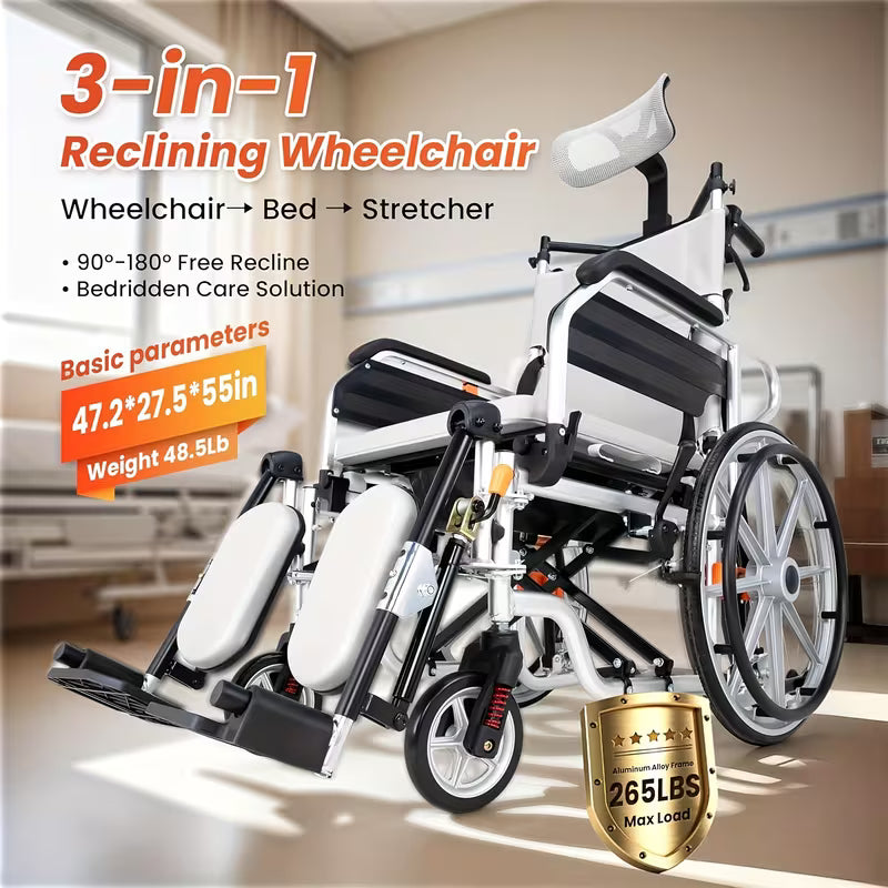 4-in-1 Reclining Waterproof Wheelchair for Shower and Transport with Elevating Leg Rests - Heavy Duty Comfort for Seniors and Adults
