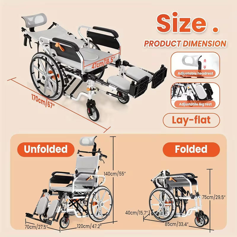 4-in-1 Reclining Waterproof Wheelchair for Shower and Transport with Elevating Leg Rests - Heavy Duty Comfort for Seniors and Adults