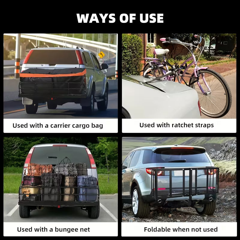 500 LBs Heavy Duty Foldable Trailer Hitch Cargo Carrier, 60" X 24" X 14" Vehicle Cargo Rack Carrier, 2 Inch Receiver Rear Luggage Rack Basket For SUV Pickup Camping Traveling, Steel, Black