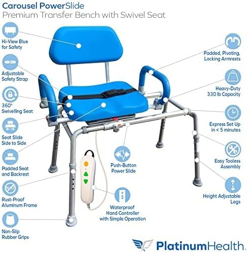 Carousel Sliding Shower Chair Transfer Bench with Swivel Seat, PowerSlide Capability, Push Button Powered Travel