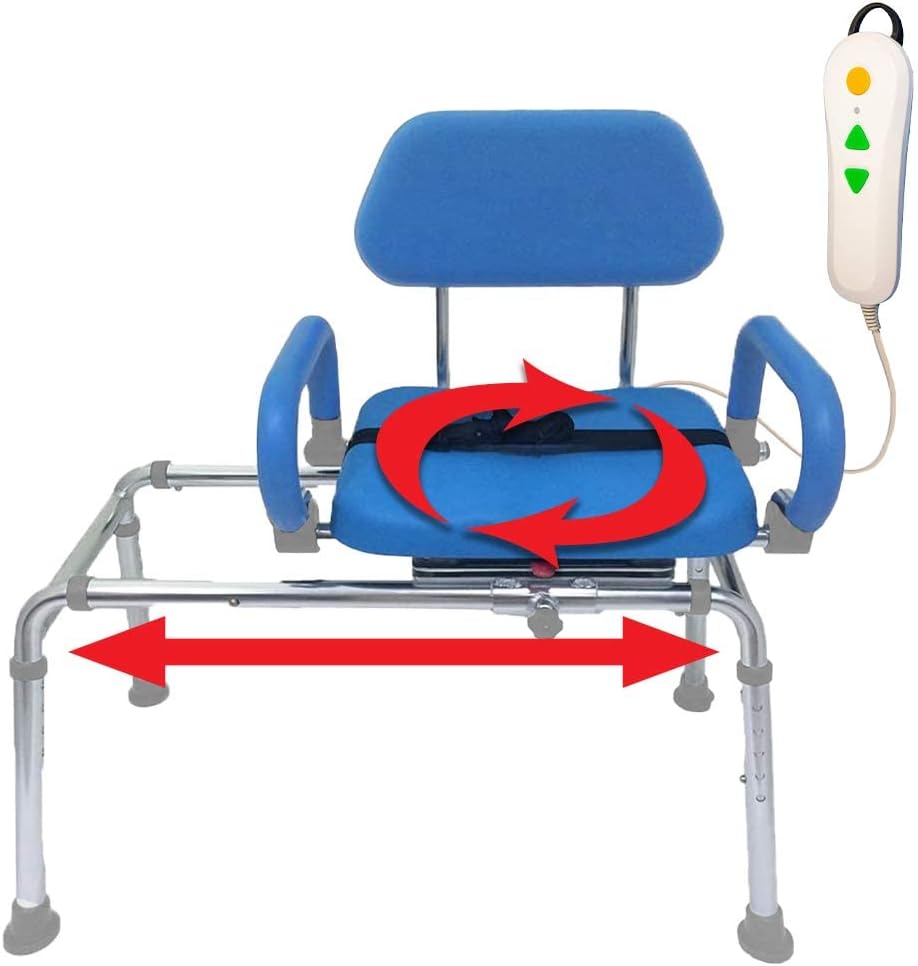 Carousel Sliding Shower Chair Transfer Bench with Swivel Seat, PowerSlide Capability, Push Button Powered Travel