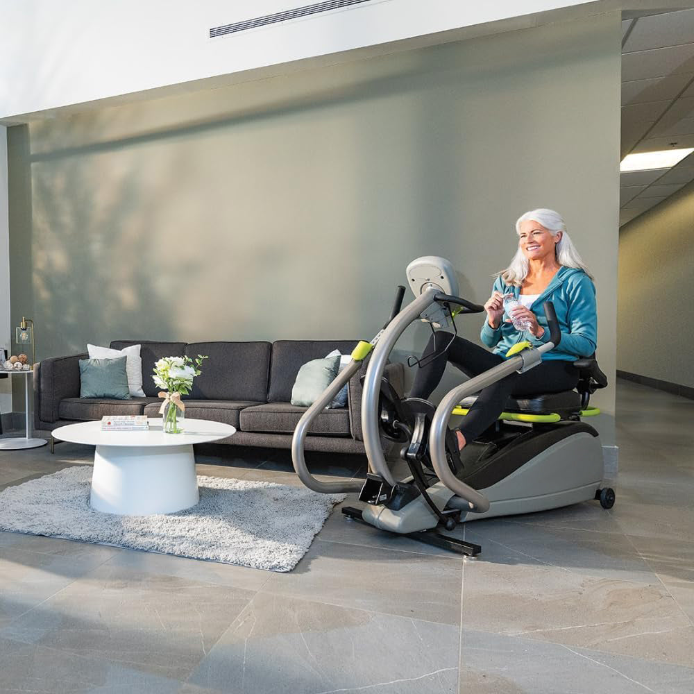 T4r Recumbent Cross Trainer Stepper, Gray/Green, Low-Impact Exercise with Adjustable Arm & Leg Position, 360-Degree Swivel Seat, Engaging Programs, & Compatible