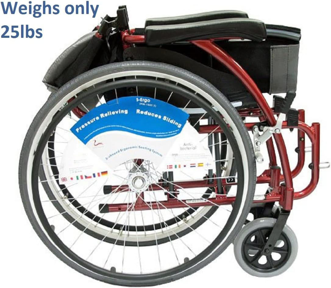 S-115 25 lbs Ultra Light Ergonomic Wheelchair with Removable Footrest Red Color