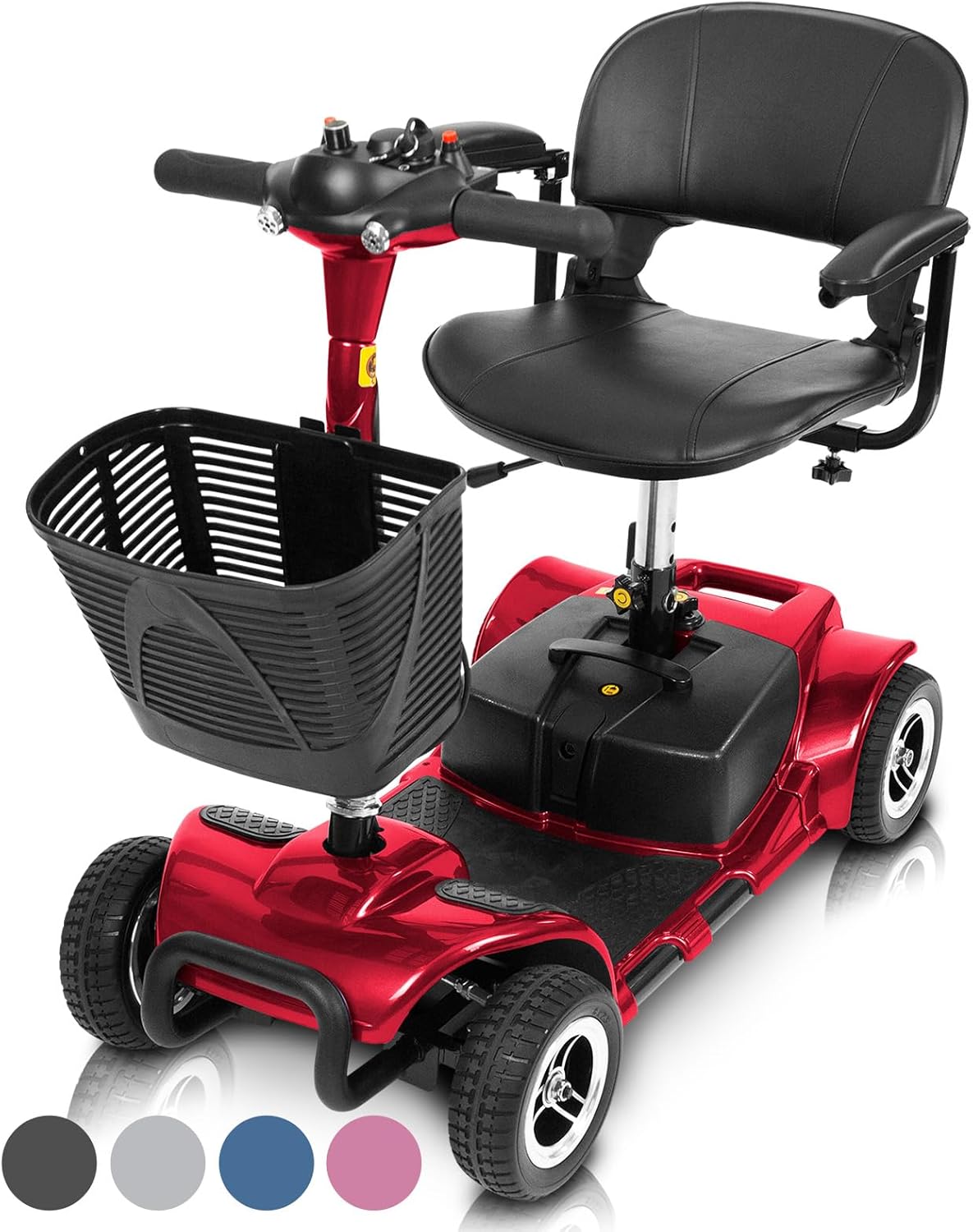 4 Wheel Mobility Scooter - Electric Powered Wheelchair Device - Compact Heavy Duty Mobile for Travel, Adults, Elderly - Long Range Power Extended Battery with Charger & Basket