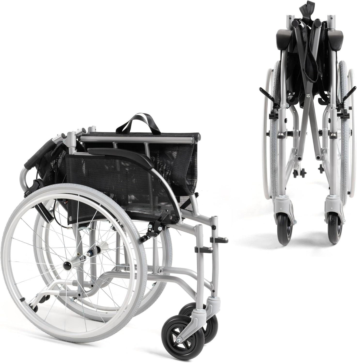 Gray Lightweight Folding Wheelchair 13.5 lbs - with Swingaway Legrests, Anti-tippers, and Quick Release Wheels - 250 lb Capacity