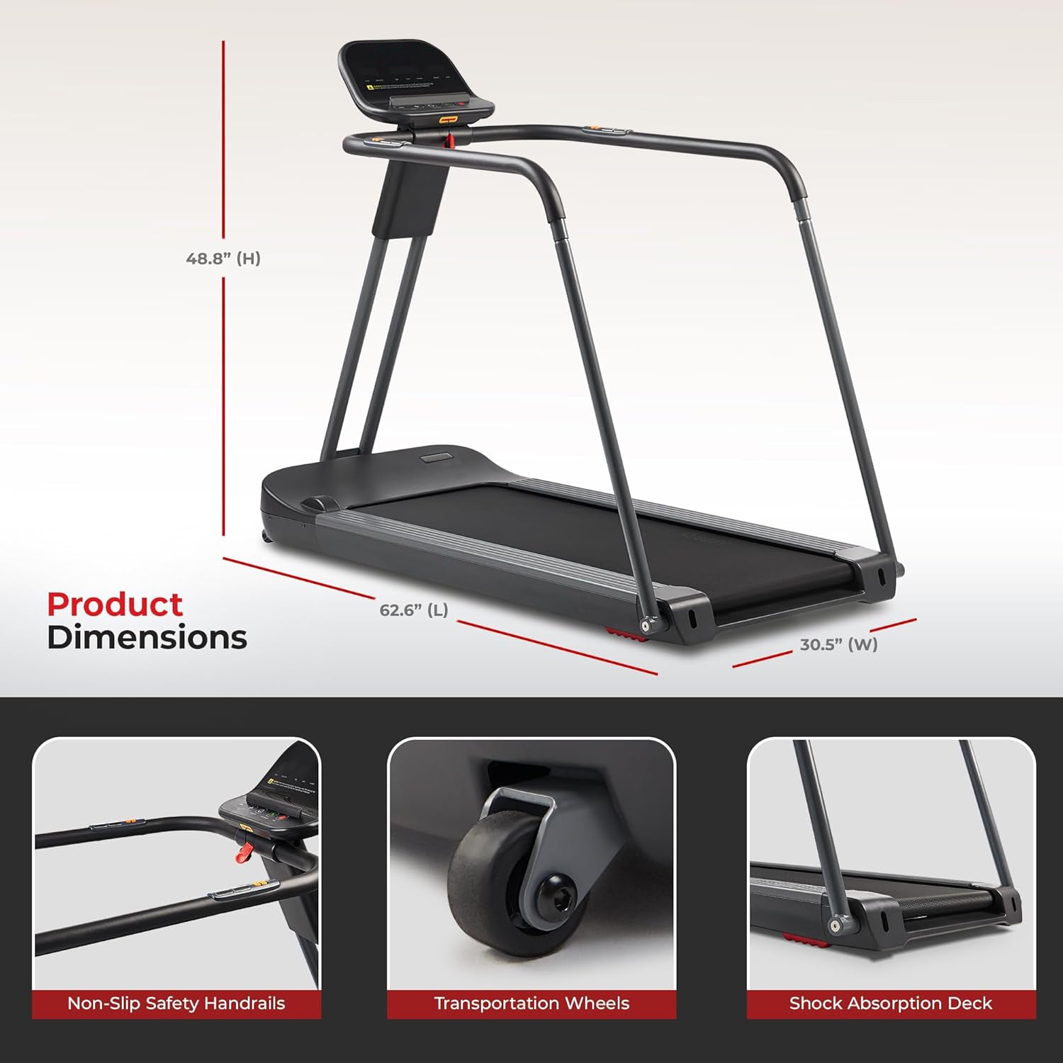 Endurance Cardio Running Walking Treadmill with Extended Safety Handrails, Wide Deck, Shock Absorption, Digital Monitor, Optional Free App Bluetooth Connection