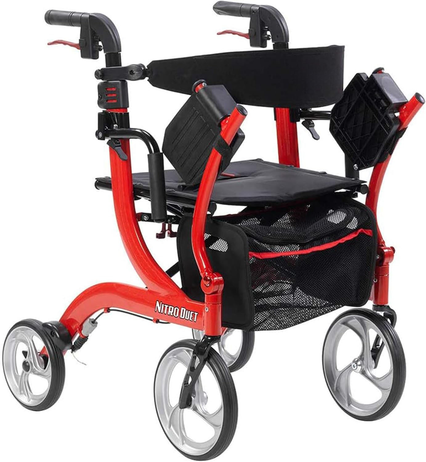 Medical Nitro Dual Function Transport Wheelchair and Rollator Rolling Walker Combo with Hand Activated Brakes and Back Support, Red