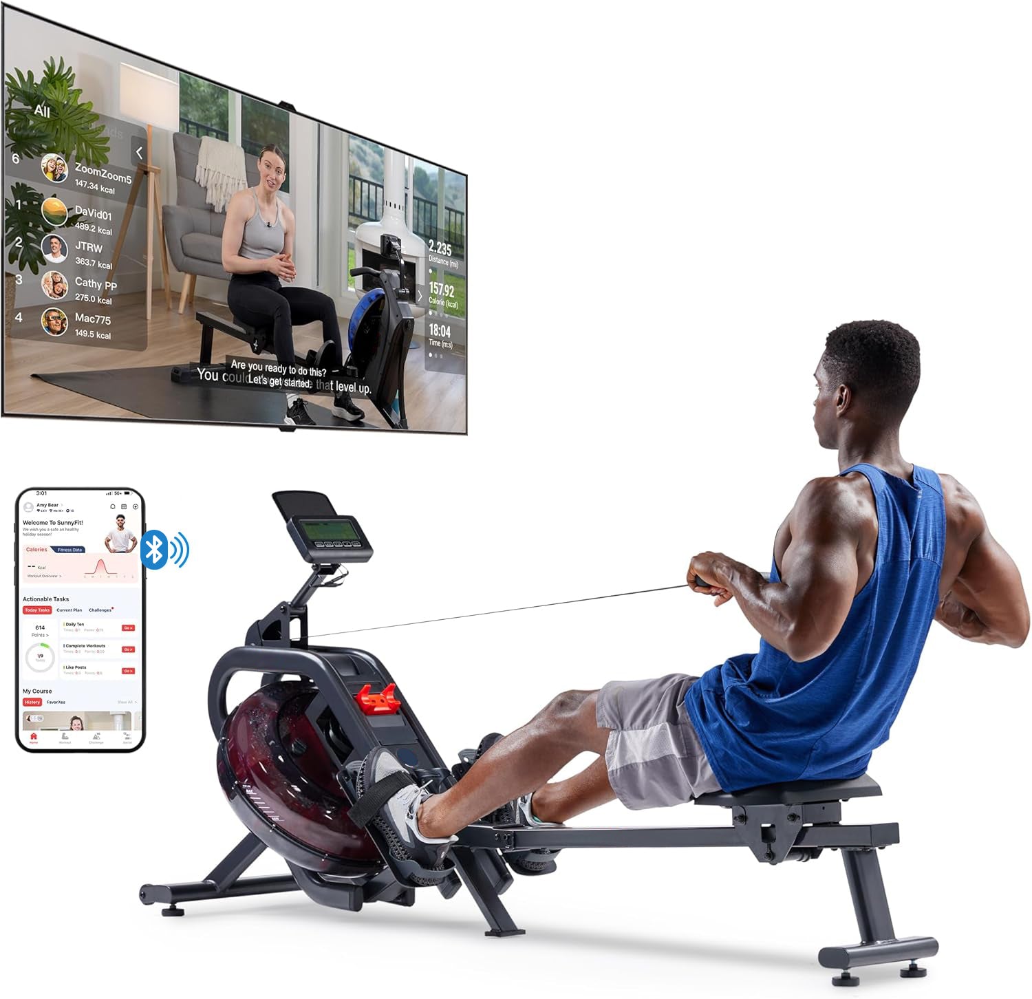 Flip & Foldable Rowing Machine for Home w/Extended Slide Rail, Full-Body Workout, Low-Impact, Optional Extra Long Rail, Quiet Rail Cover, Water Motion