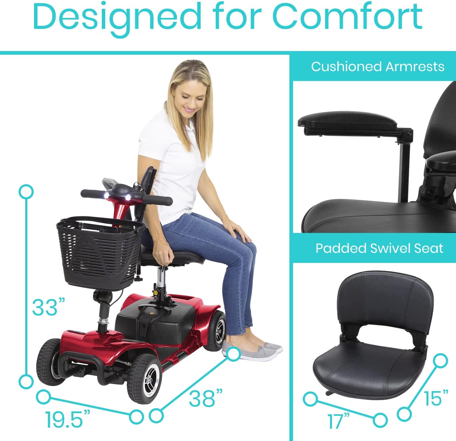 4 Wheel Mobility Scooter - Electric Powered Wheelchair Device - Compact Heavy Duty Mobile for Travel, Adults, Elderly - Long Range Power Extended Battery with Charger & Basket