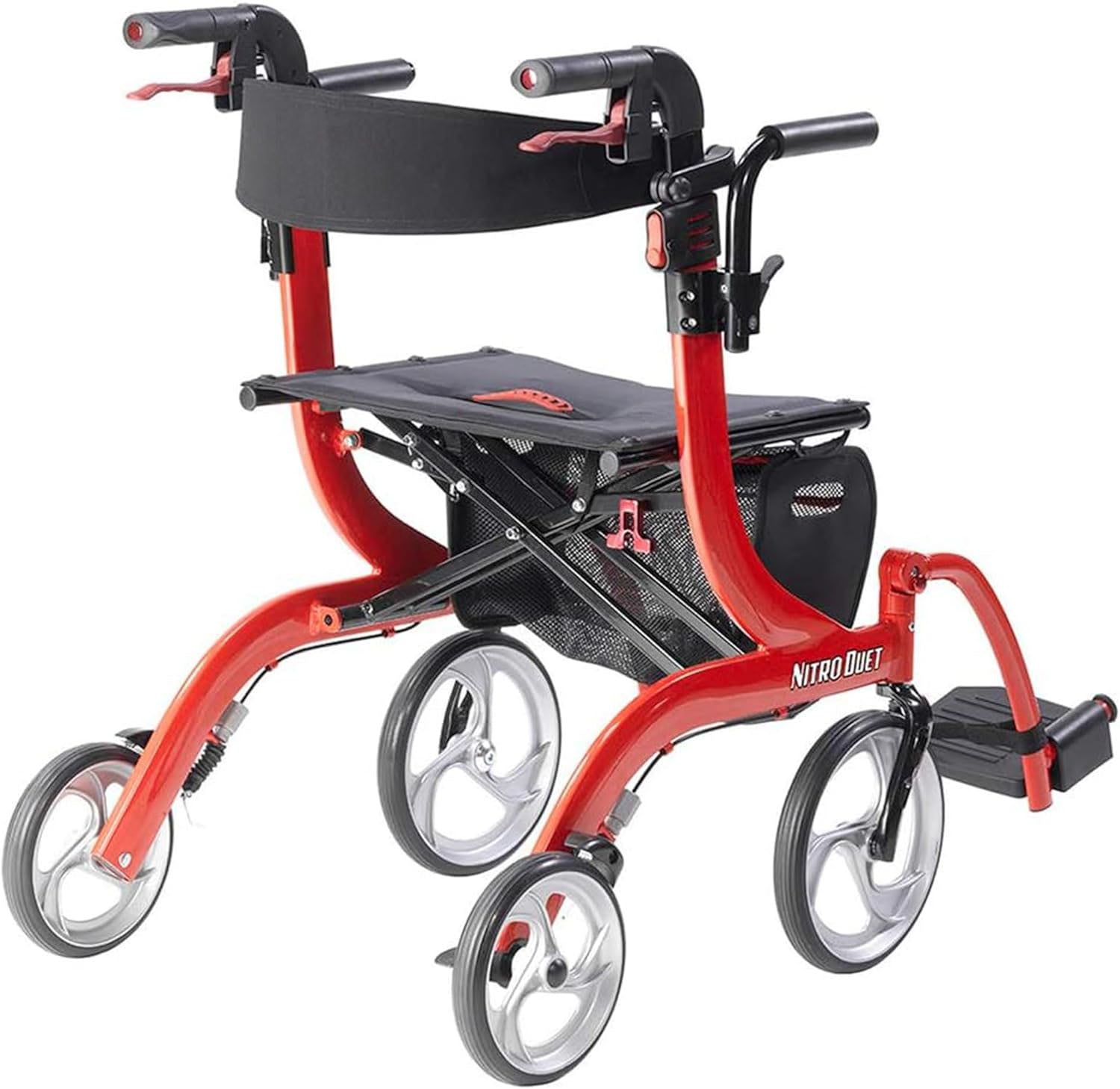 Medical Nitro Dual Function Transport Wheelchair and Rollator Rolling Walker Combo with Hand Activated Brakes and Back Support, Red
