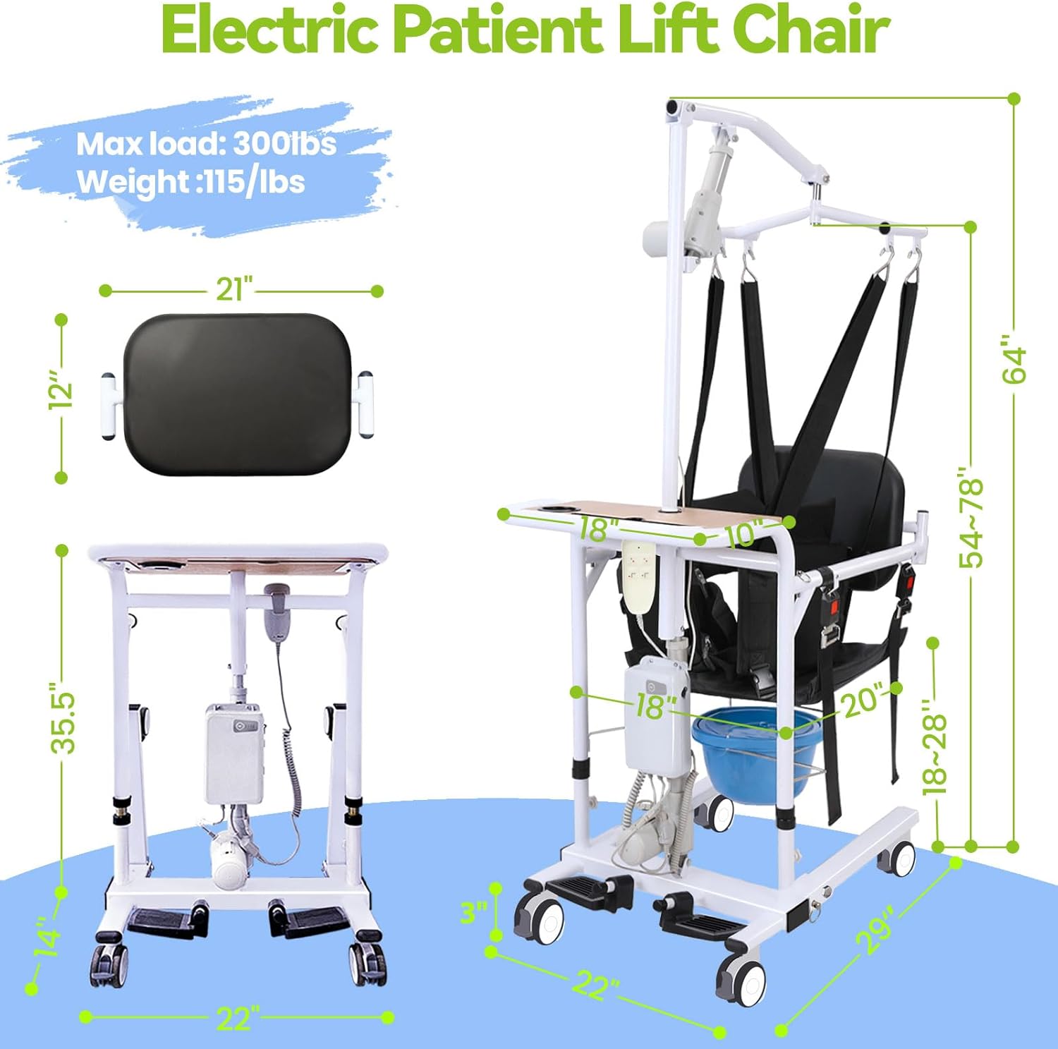 Electric Patient Lift Transfer Chair,Foldable Transfer Lift Wheelchair for Home Car,Height Adjustable with Hanger Device,Portable Handicap Lift Shower Chair,Transfer Chairs for Seniors