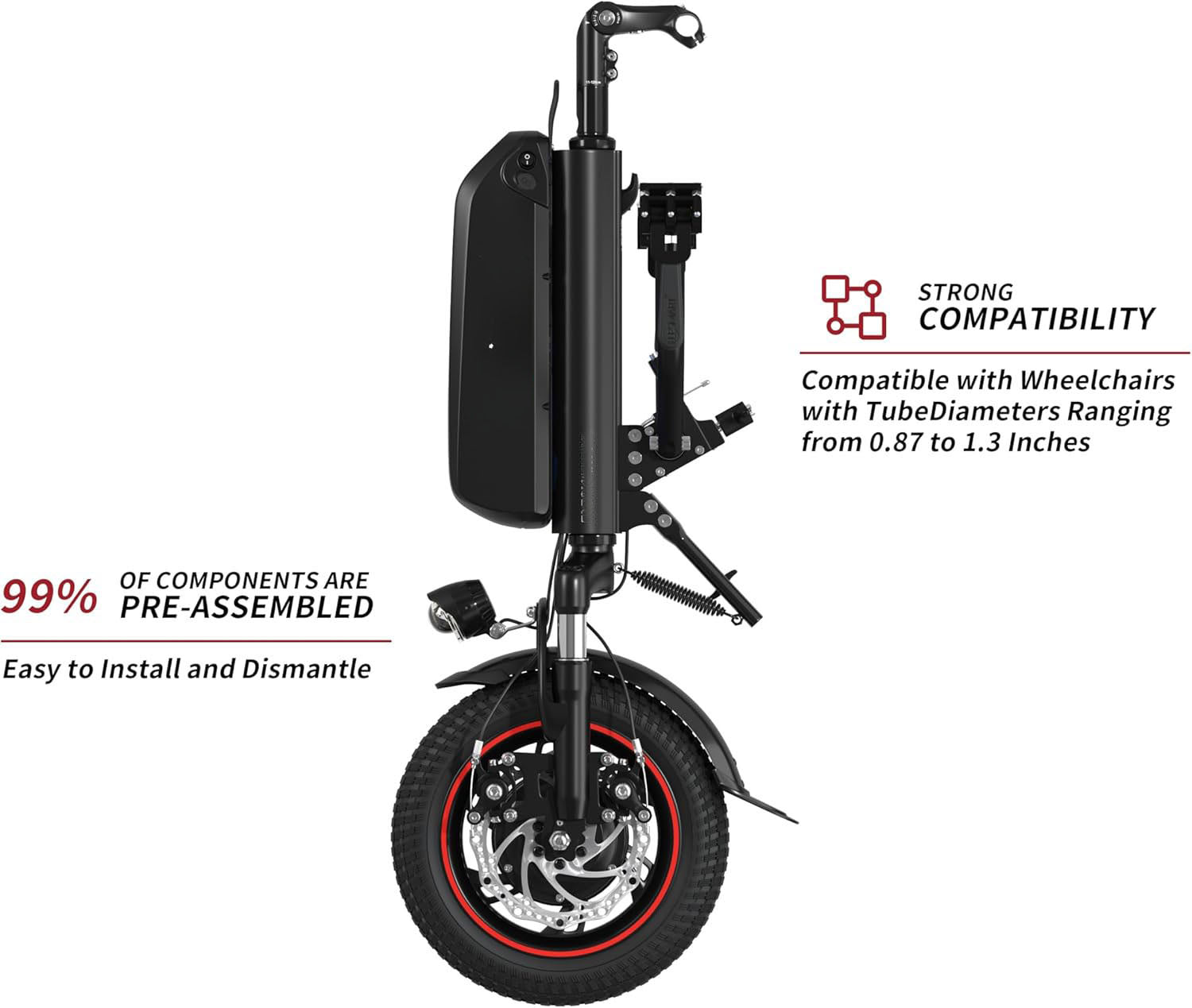 Electric Handcycle Wheelchair Attachment for Upgrading Manual Wheelchair to Electric Wheelchair, 31 Miles Travel Range, 36V 500W, Suitable for 0.87-1.3 inch Tube Diameter, Side Connection, Black, Size: 10.4 Ah