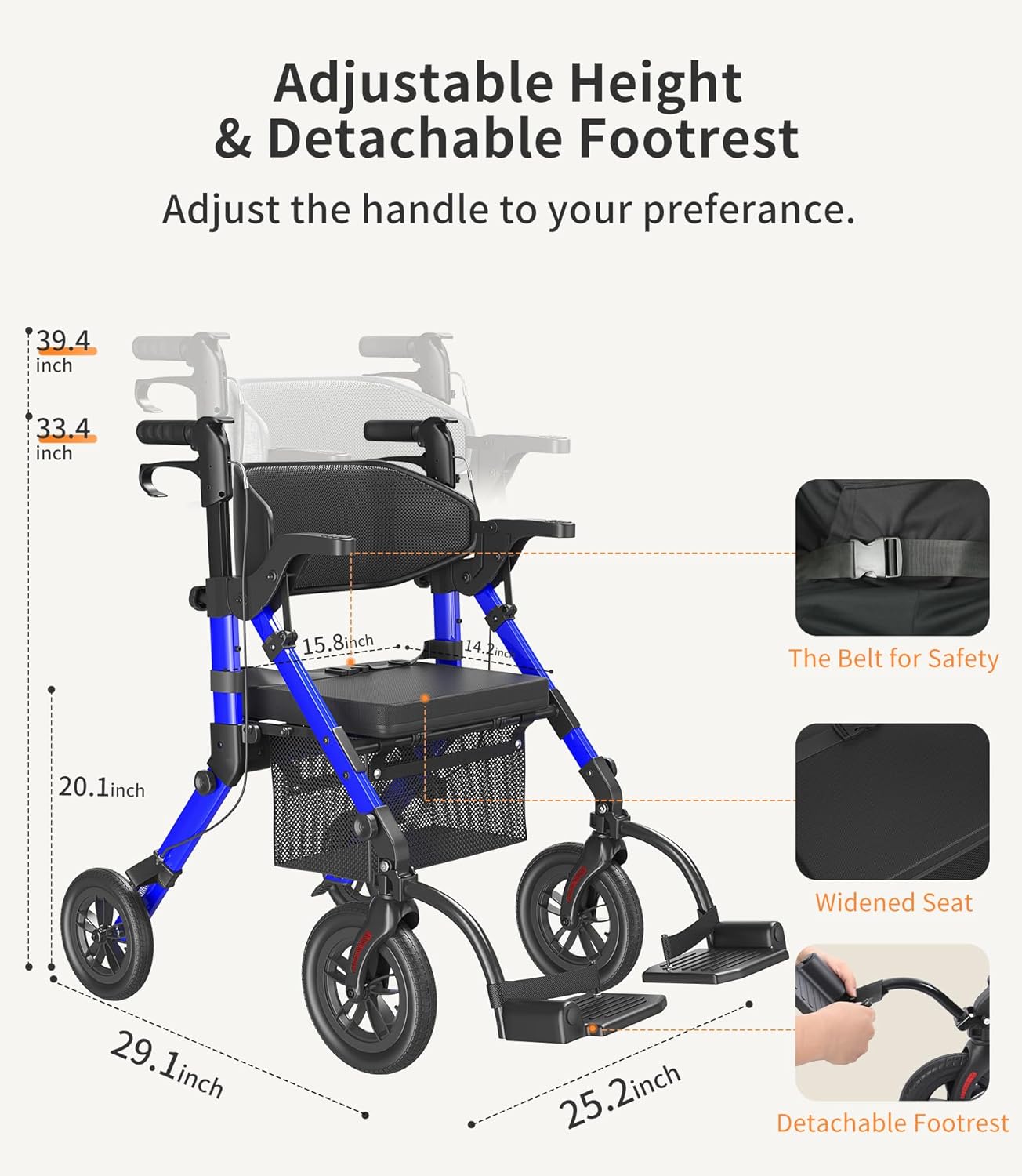 Transport-Wheelchair-Lightweight-Foldable, Walker Wheelchair Combo, Rollator-Walkers-for-Seniors-with-Seat, 2 in 1 Rolling Walker, 300lb Adults 4 Wheel Transport Chair w/Brakes & Pouch-FSA HSA