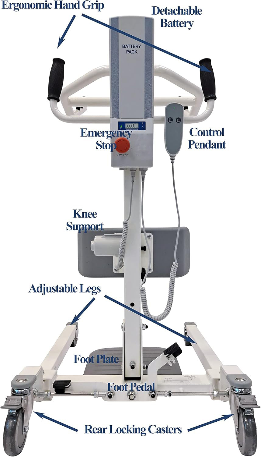 Stand Up Electric Patient Lift - Sit to Stand, Standing Lift, Rhino Lift with Manual Low Base - with Standing Sling (Medium) and Buttock Strap, 380 lb. Weight Capacity