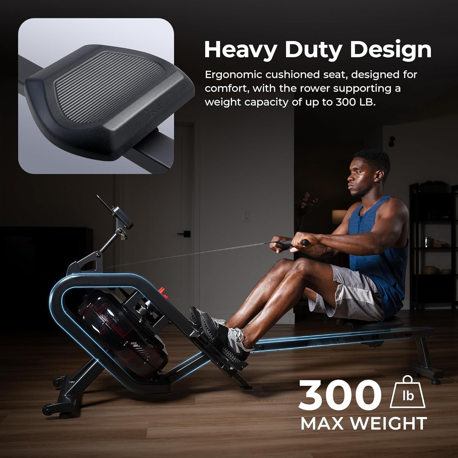 Flip & Foldable Rowing Machine for Home w/Extended Slide Rail, Full-Body Workout, Low-Impact, Optional Extra Long Rail, Quiet Rail Cover, Water Motion