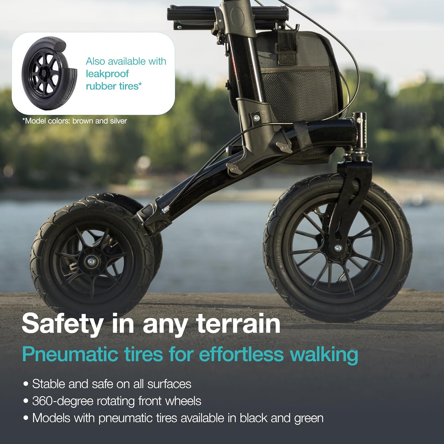 All Terrain Walker Rollator with 12” Pneumatic Tires – Foldable Outdoor Walkers for Seniors with Seat, Lightweight & Adjustable Height, Shock-Absorbing for Comfort on Any Surface