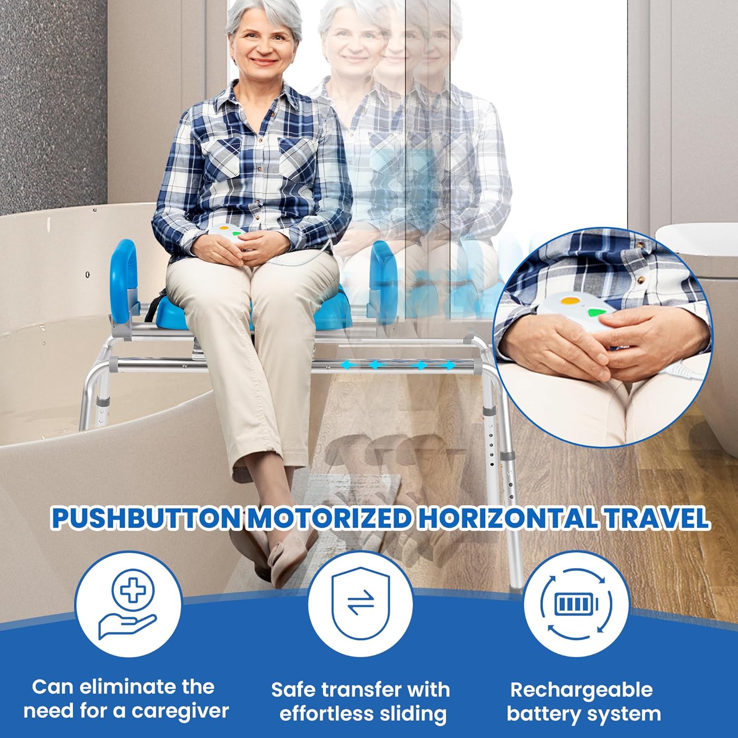 Carousel Sliding Shower Chair Transfer Bench with Swivel Seat, PowerSlide Capability, Push Button Powered Travel