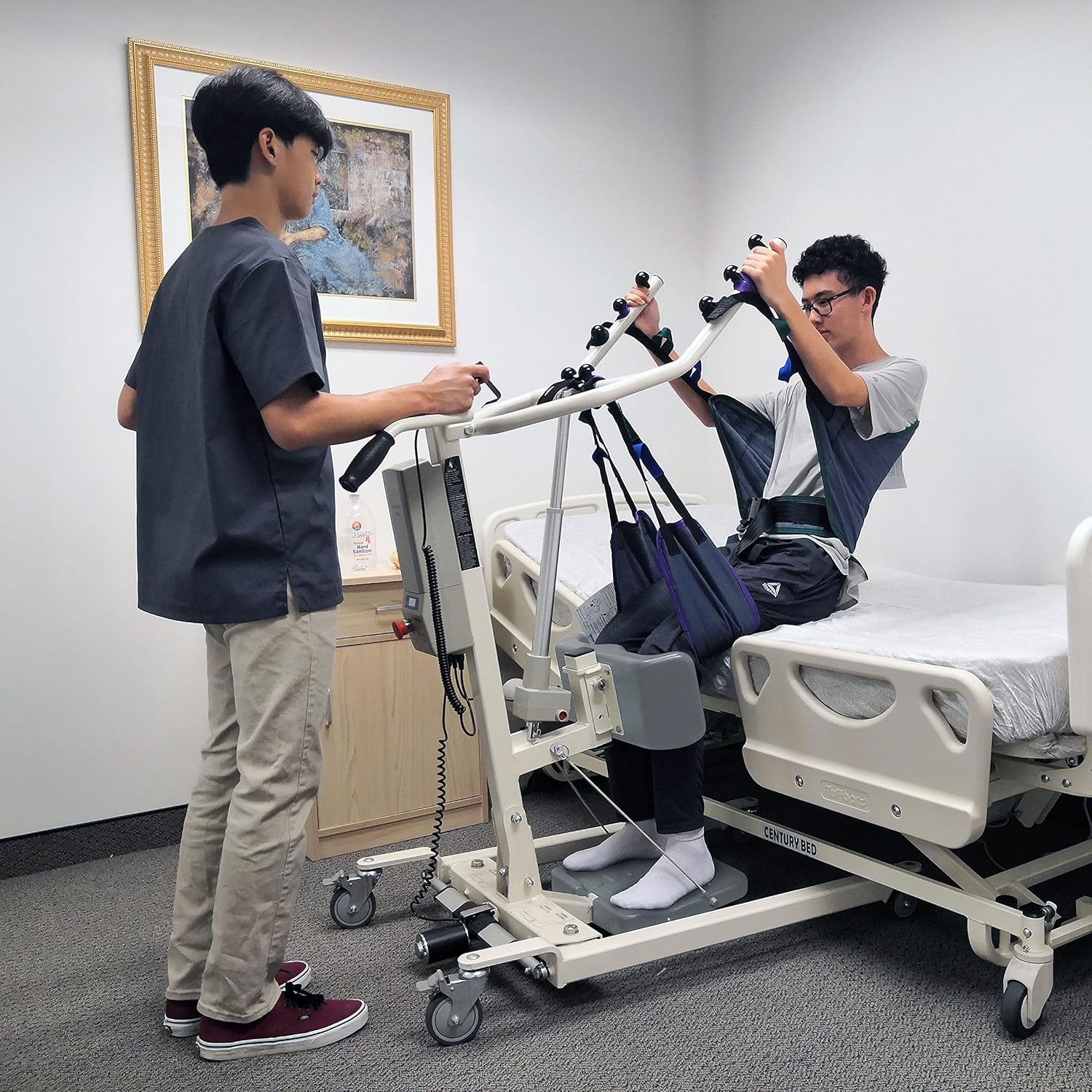 Stand Up Electric Patient Lift - Sit to Stand, Standing Lift, Rhino Lift with Manual Low Base - with Standing Sling (Medium) and Buttock Strap, 380 lb. Weight Capacity