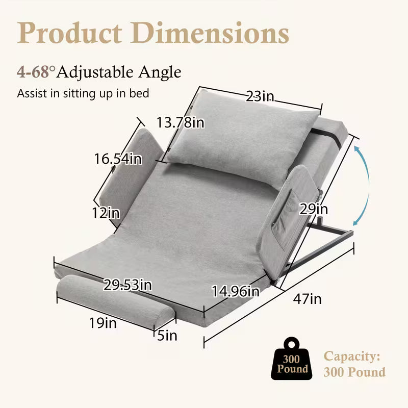 Adjustable Bed Backrest With Safety Rails - 300 Lbs 4-68° Lift Range
