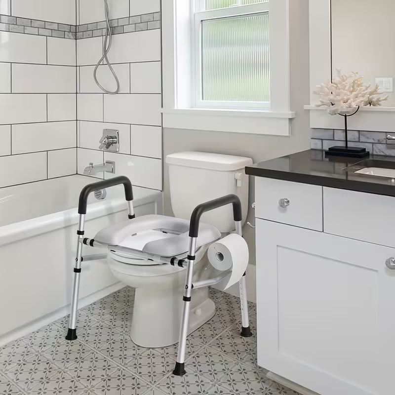 Adjustable Height & Width Raised Toilet Seat Riser with Safety Handles - Heavy-Duty 400 lbs Capacity, Non-Slip Surface, Tool-Free Installation, Sturdy Plastic/Metal Frame - Elderly