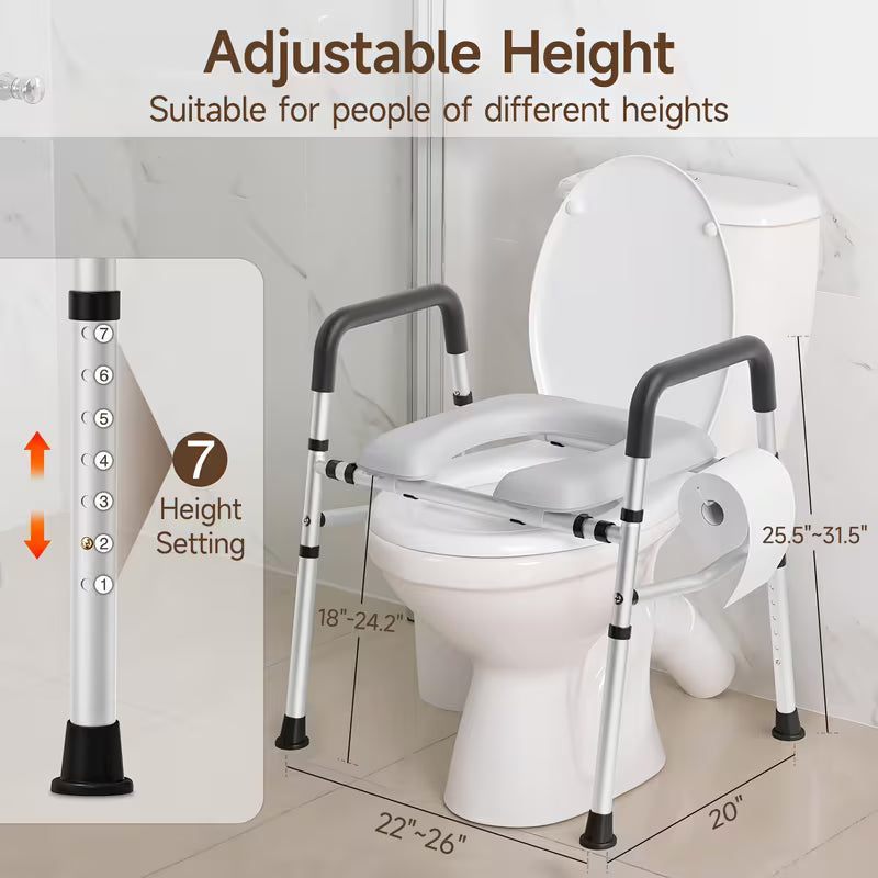 Adjustable Height & Width Raised Toilet Seat Riser with Safety Handles - Heavy-Duty 400 lbs Capacity, Non-Slip Surface, Tool-Free Installation, Sturdy Plastic/Metal Frame - Elderly