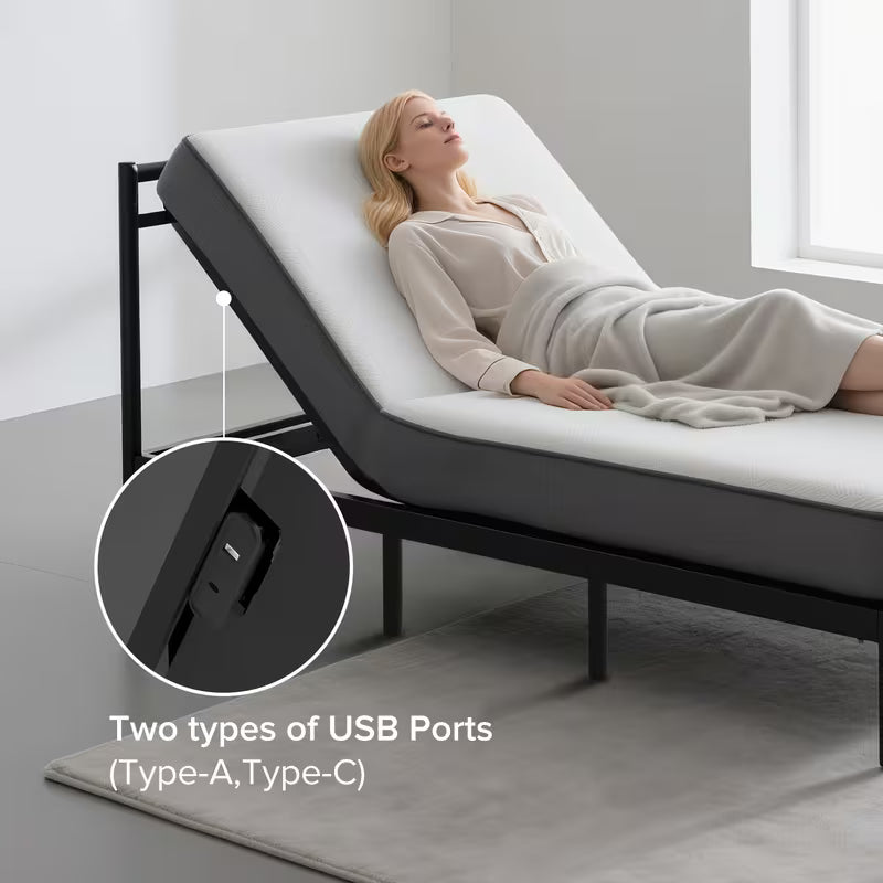 Electric Adjustable Bed Frame, Twin XL - Wireless Remote, Head/Foot Incline, Night Light, 4 Height-Adjustable Legs,Two types of USB ports-Type-A and Type-C, Easy Assembly