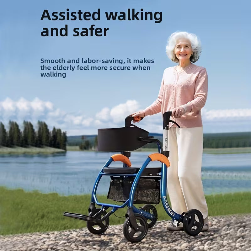 Foldable Walker With 8-inch Wide Tires, Rest Seat, Height-adjustable Armrests, Storage Space, 300-pound Weight Limit For Daily Mobility.
