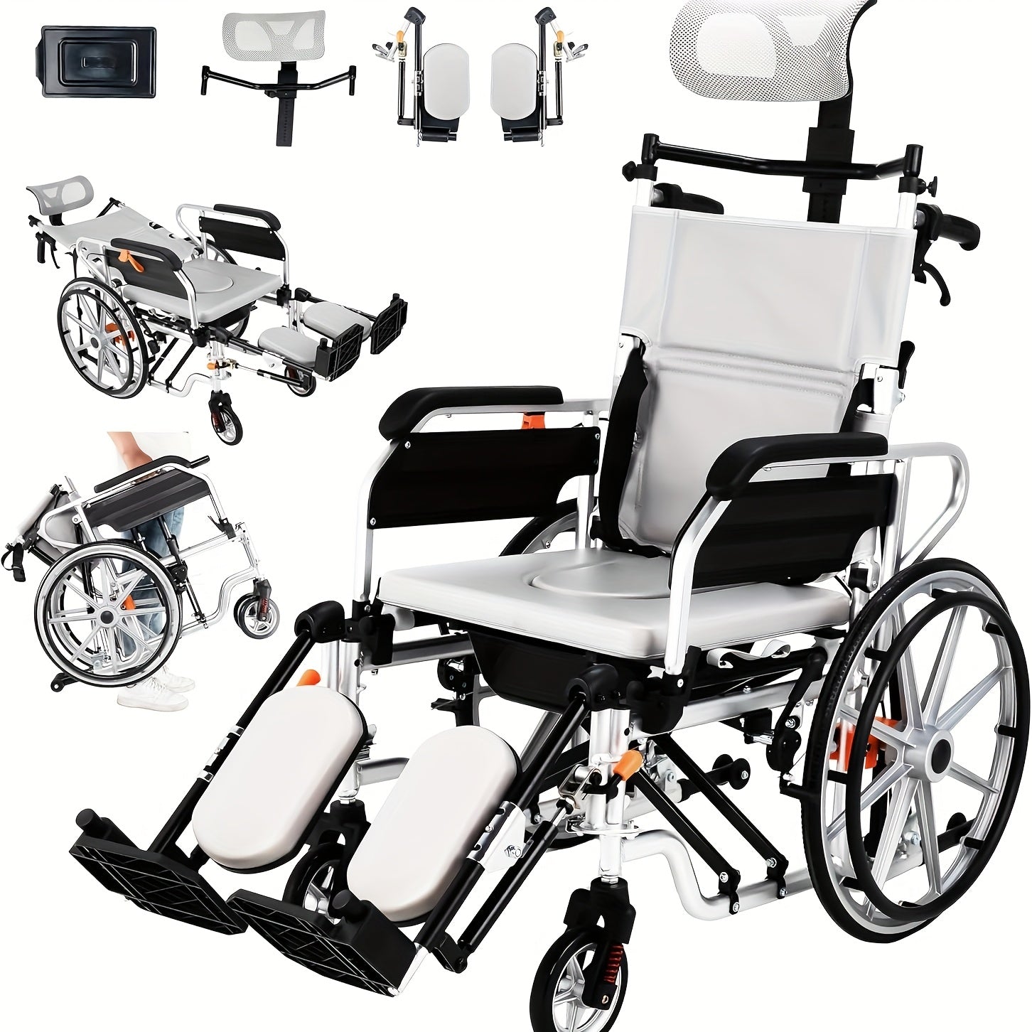 4-in-1 Heavy-Duty Wheelchair with Elevating Leg Rests & Potty - Wide Seat Transport Chair Suitable for Seniors & Adults, Recliner Wheelchair with Head/Leg Support, Brakes & -Tippers