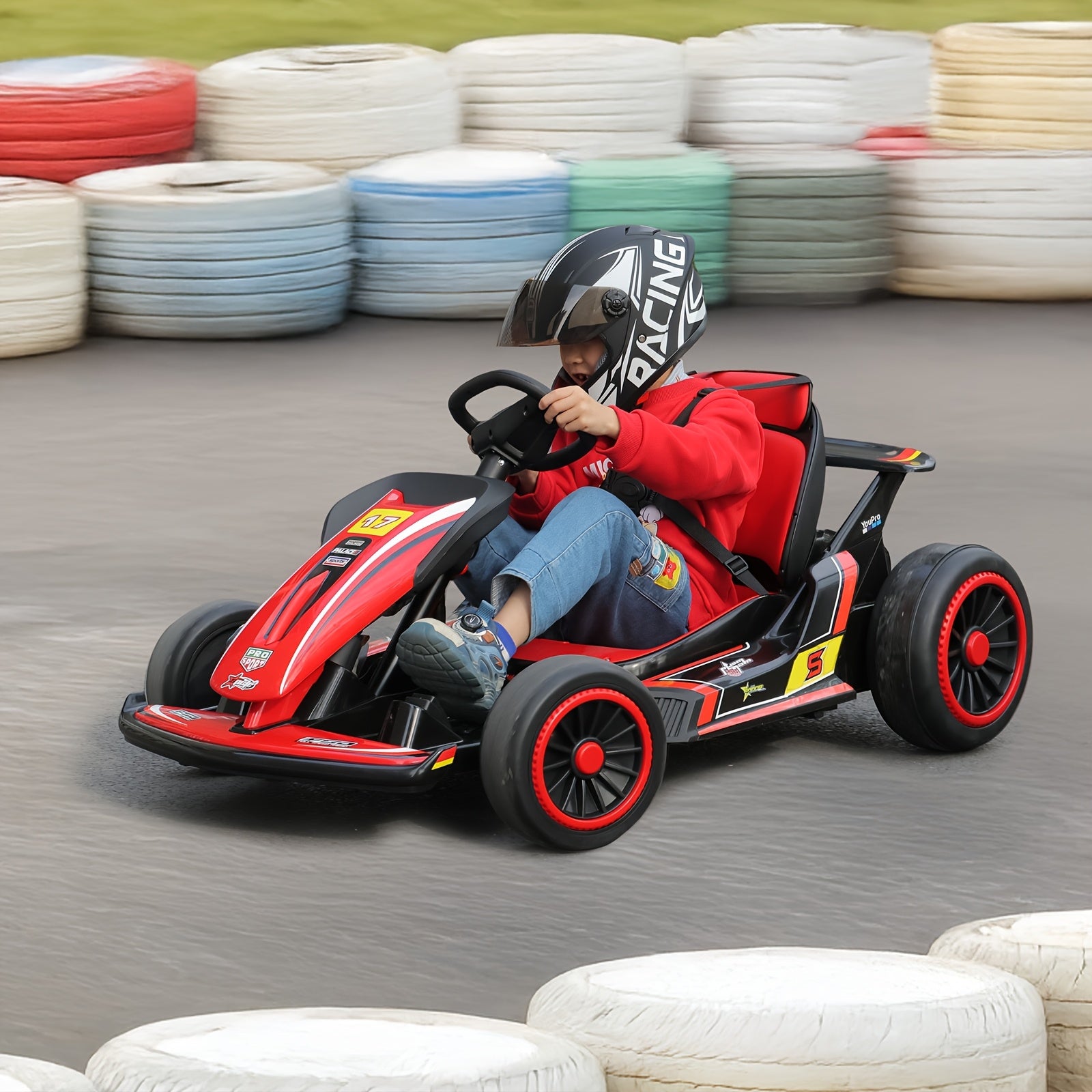 MUKIDY 24V Electric Go Kart, Drift Cart for 6- Kids Valentine'S Day Gifts, Battery Powered Outdoor Ride on Toy Electric Go Kart, with Soft Start, Music And Safety Belt