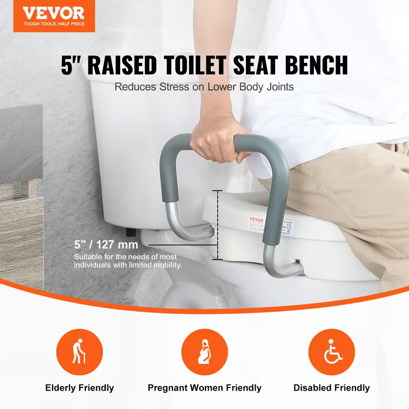 Raised Toilet Seat, 5" Height Raised, 350 lbs Weight Capacity, for Round and Elongated Toilet, Twist Lock Installation,19.1" - 21.7" Adjustable Width