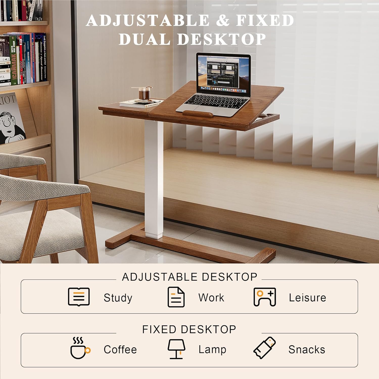 Solid Wood Overbed Bedside Table with Hidden Casters, Adjustable Hospital Bed Table Rolling Laptop Desk with Split Dual Desktop & Pneumatic Gas Spring Lift for Hospital, Home Use (Walnut)