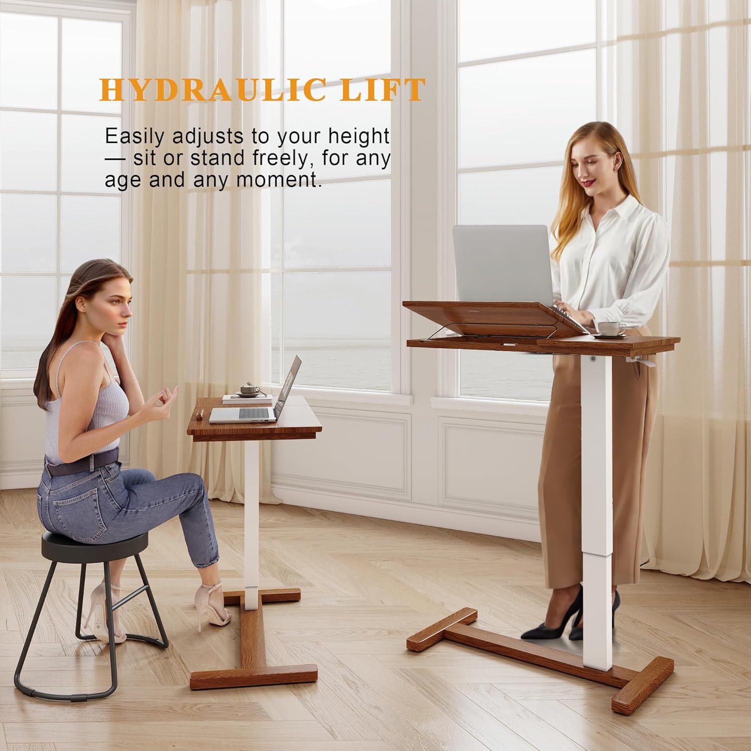 Solid Wood Overbed Bedside Table with Hidden Casters, Adjustable Hospital Bed Table Rolling Laptop Desk with Split Dual Desktop & Pneumatic Gas Spring Lift for Hospital, Home Use (Walnut)