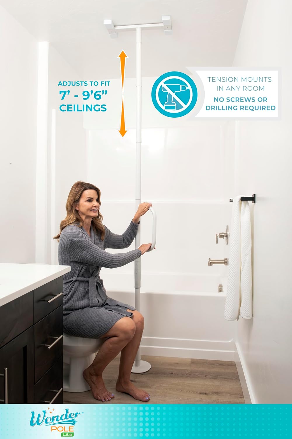 Stander Wonder Pole Lite, Adjustable Floor to Ceiling Safety Grab Bar with Security Support Handle for Fall Prevention, Tension Mounted Transfer-Pole for Adults, Seniors, and Elderly, White