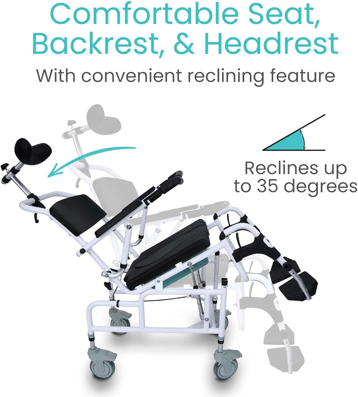 Reclining Shower Chair with Wheels - Commode Wheelchair for Seniors, Disabled, Bariatric & Handicap - Padded Transfer Rolling Chairs with Arms - Portable & Waterproof - Extra Wide Seat