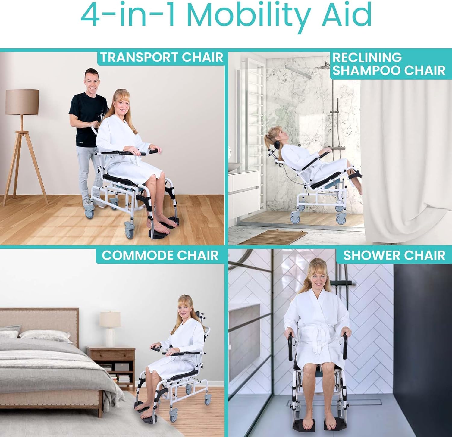 Reclining Shower Chair with Wheels - Commode Wheelchair for Seniors, Disabled, Bariatric & Handicap - Padded Transfer Rolling Chairs with Arms - Portable & Waterproof - Extra Wide Seat