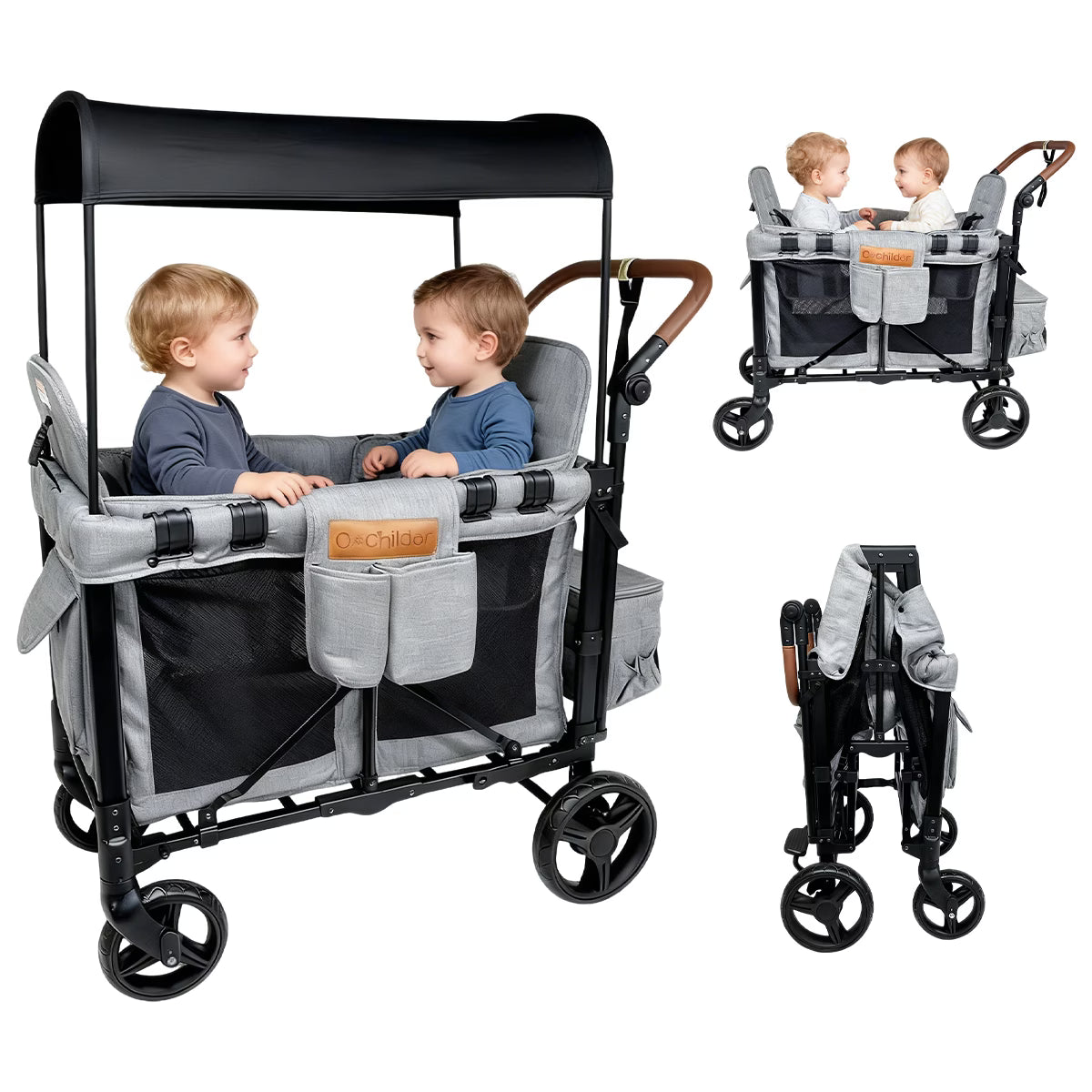 Cochildor All-Terrain Stroller Wagon for 2 Kids - Heavy-Duty Foldable Cart with Canopy, Snack Tray & 5-Point Harness - All-Terrain Traction for Beach, Park, Off-Road - Durable Frame (Gray/Black) - for & Stroller Wagon