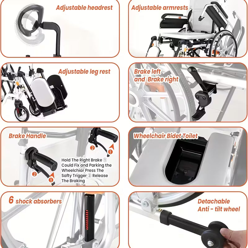 4-in-1 Reclining Waterproof Wheelchair for Shower and Transport with Elevating Leg Rests - Heavy Duty Comfort for Seniors and Adults
