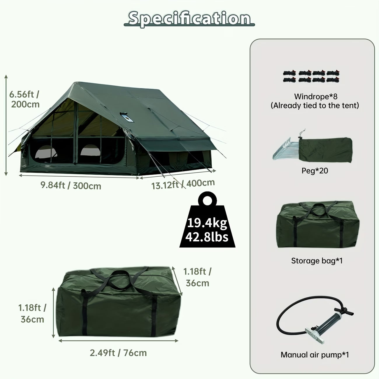 12Sq Inflatable Camping Tent with Hand Pump Easy Setup Outdoor Blow Up Tent 6-8 Person Oxford 4 Season Glamping Air Tents Cabin House with Mesh Windows & Door