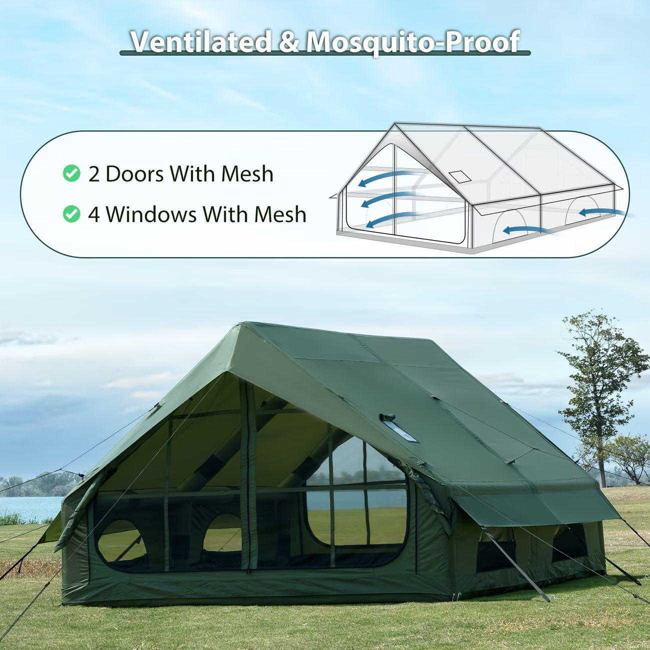 12Sq Inflatable Camping Tent with Hand Pump Easy Setup Outdoor Blow Up Tent 6-8 Person Oxford 4 Season Glamping Air Tents Cabin House with Mesh Windows & Door