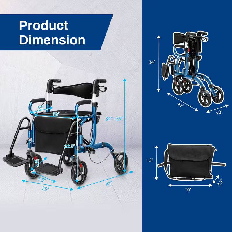 2-in-1 Folding Rollator Walker, Transport Wheelchair wSeat, Reversible Backrest