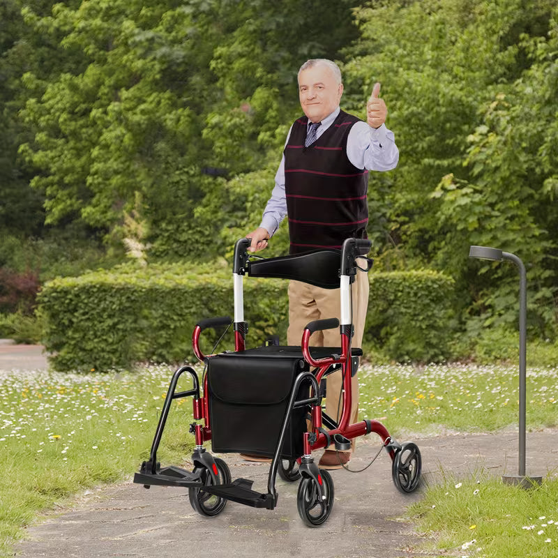 2-in-1 Folding Rollator Walker, Transport Wheelchair wSeat, Reversible Backrest