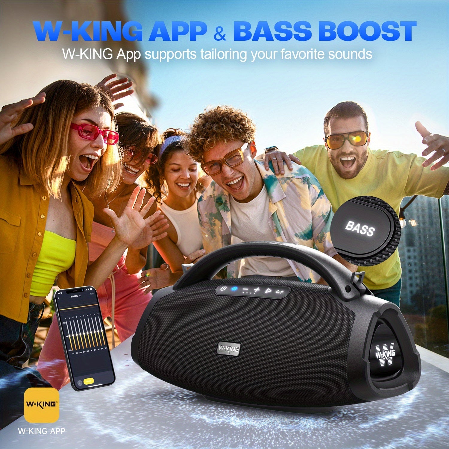 200W RMS 300W Peak Ultimate Portable Wireless Speaker, Large Outdoor Speaker with App Control, Consisting of a 3-Way System with 5 Drivers, for Party Speaker with Bass Enhancement, USB, TF Card, AUX, And Guitar Input