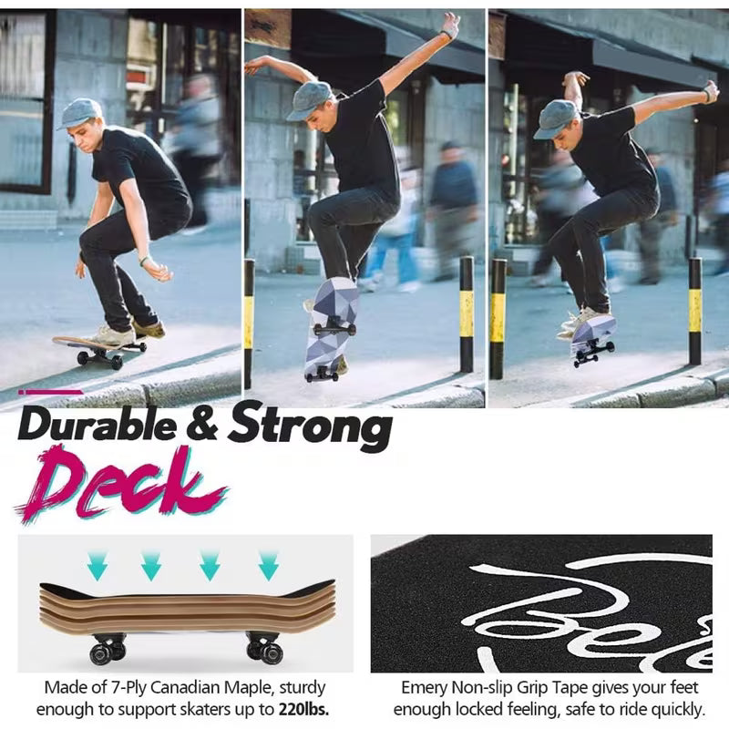 Skateboards for Beginners, 31 x 8 inch Complete Skateboard for Kids Teens Adults, 7 Layer Canadian Maple Double Kick Deck Concave Cruiser Trick Skateboard with Multifunction Skate T-Tool, Skateboard Accessories, Skate Tool And Bearings