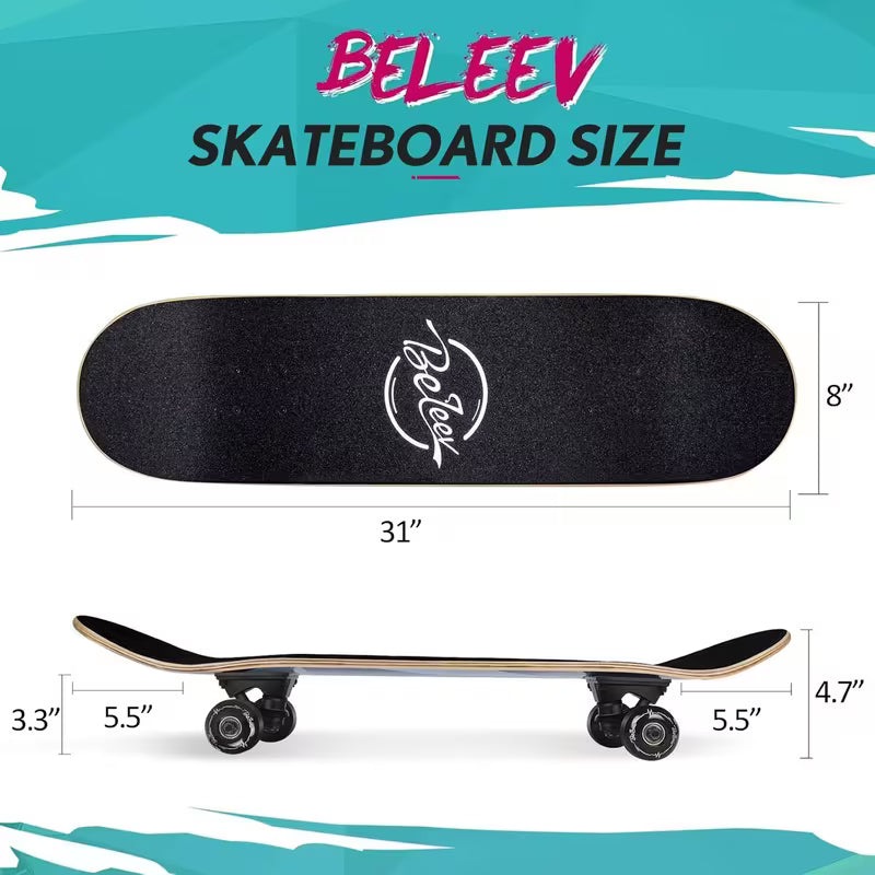 Skateboards for Beginners, 31 x 8 inch Complete Skateboard for Kids Teens Adults, 7 Layer Canadian Maple Double Kick Deck Concave Cruiser Trick Skateboard with Multifunction Skate T-Tool, Skateboard Accessories, Skate Tool And Bearings