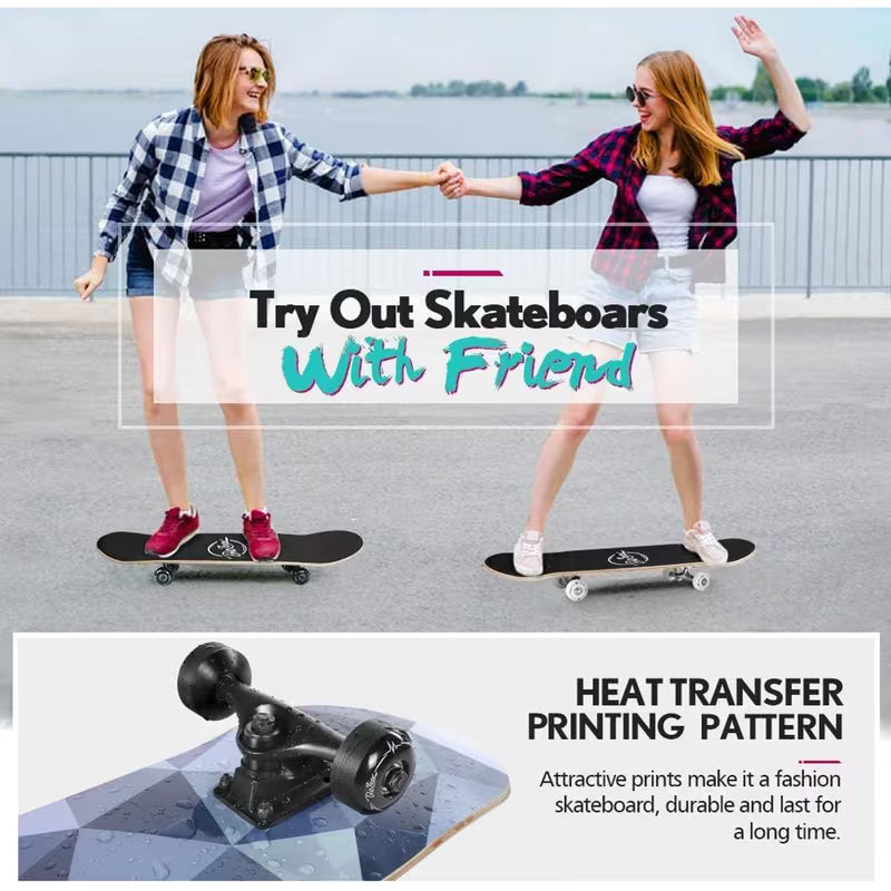 Skateboards for Beginners, 31 x 8 inch Complete Skateboard for Kids Teens Adults, 7 Layer Canadian Maple Double Kick Deck Concave Cruiser Trick Skateboard with Multifunction Skate T-Tool, Skateboard Accessories, Skate Tool And Bearings