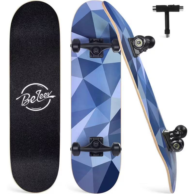 Skateboards for Beginners, 31 x 8 inch Complete Skateboard for Kids Teens Adults, 7 Layer Canadian Maple Double Kick Deck Concave Cruiser Trick Skateboard with Multifunction Skate T-Tool, Skateboard Accessories, Skate Tool And Bearings